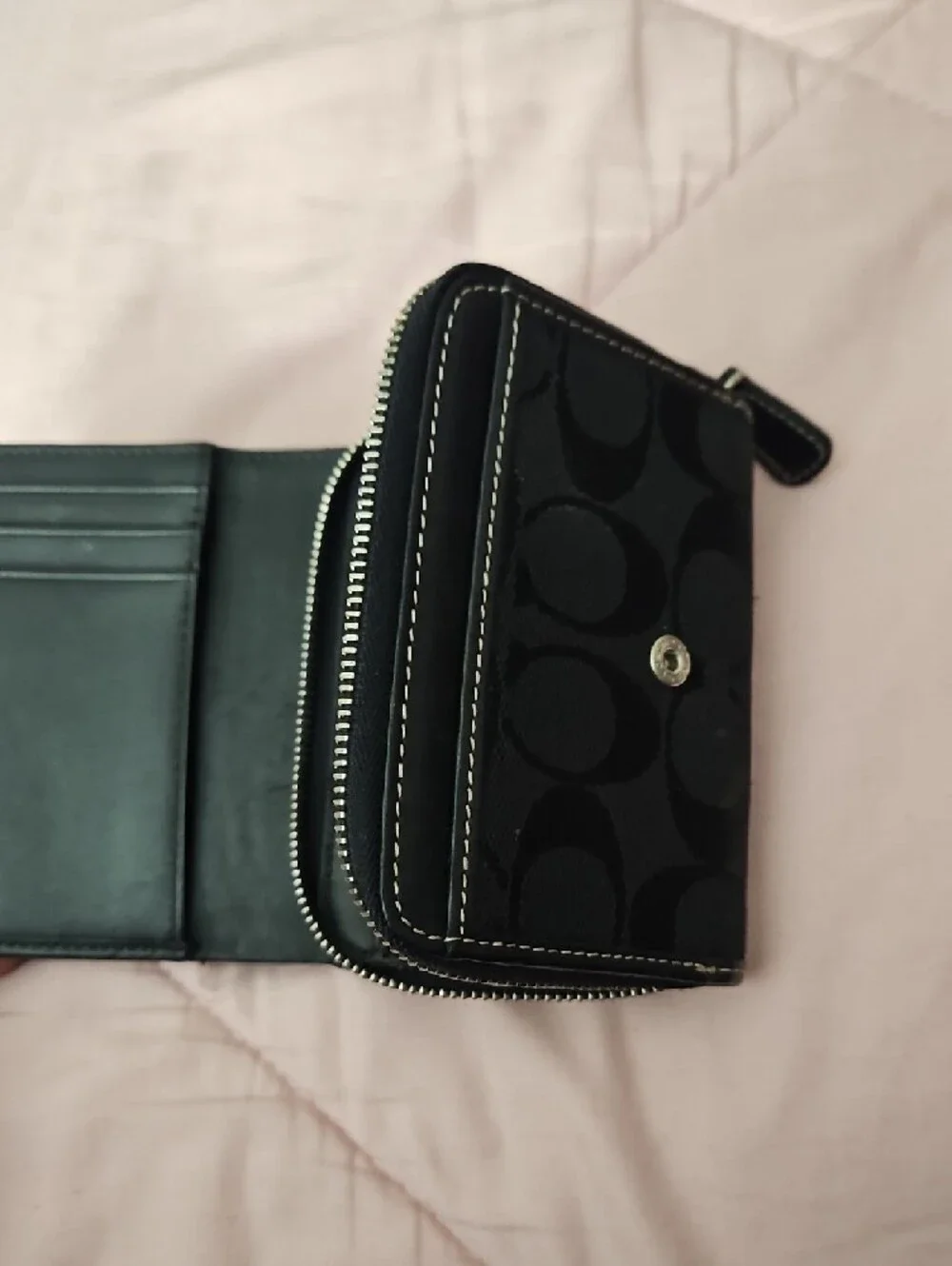 Coach Black Signature Canvas Tri Fold Wallet with Leather Trim - Picture 3 of 7